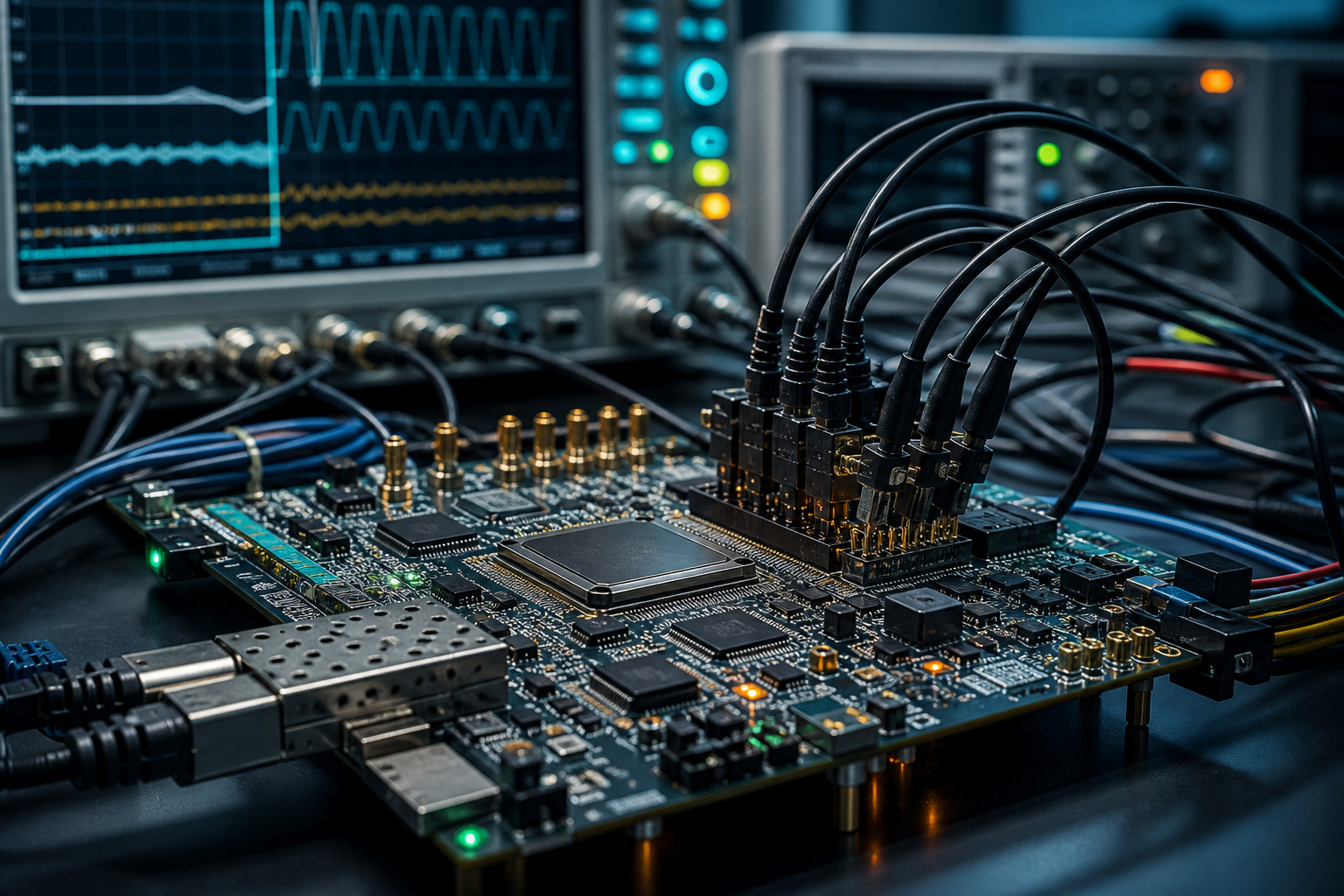FPGA prototyping board connected to lab instrumentation